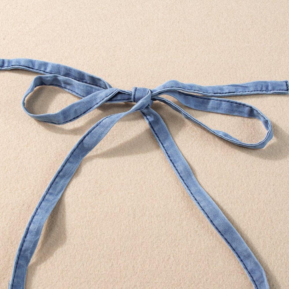 B239 Light Blue Grommet Tie Straps Casual Denim Romper - Picture 15 of 16